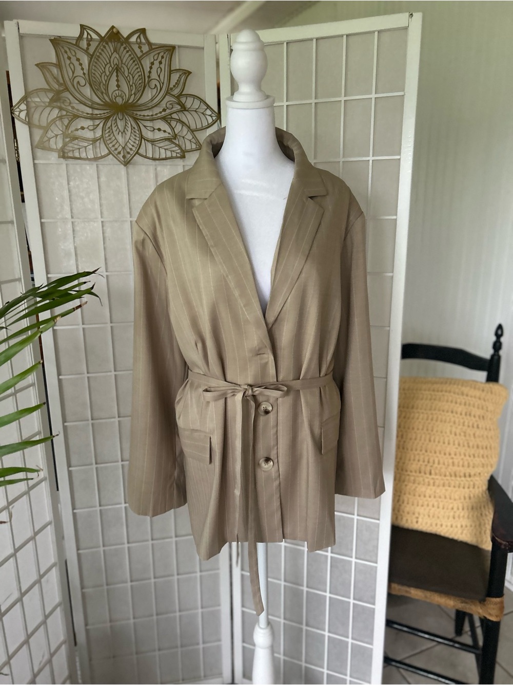 ✨🤍 New With Tags | Polagram Beige Pinstripe Tie-Waist Jacket | Size 2X 🤍✨